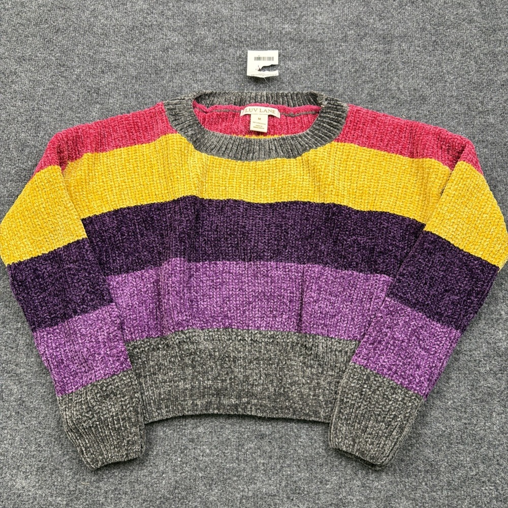 Womens MED Luv Lane Soft Sweater Color Block Short Long‎ Sleeve Crew Neck NWT
